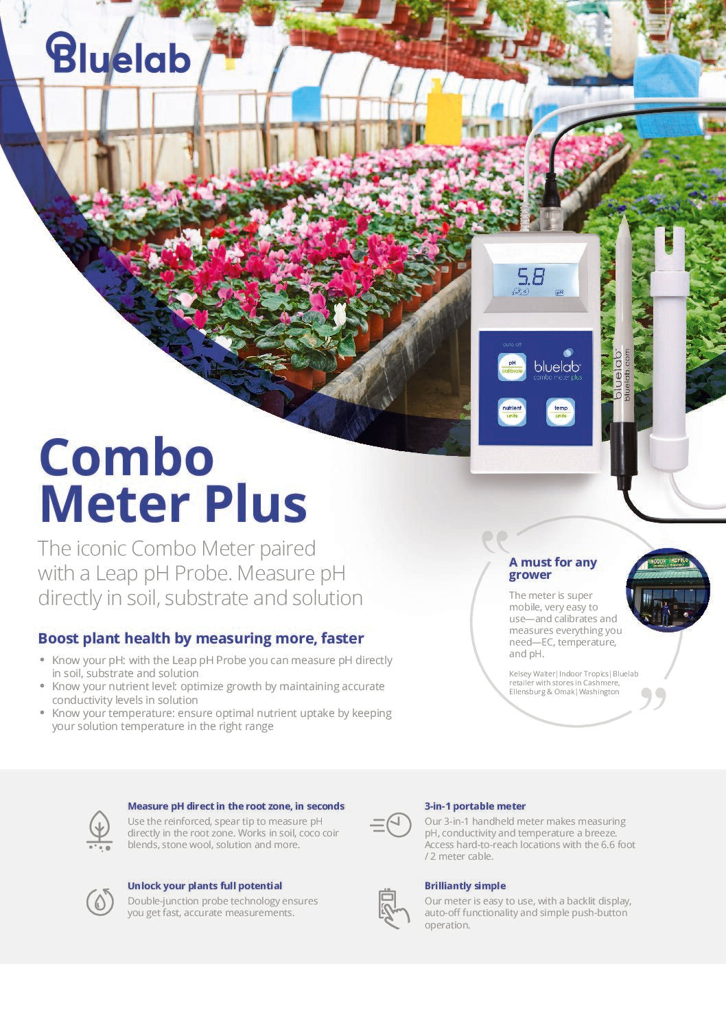METCOMPLUS Bluelab Combo Meter (pH/EC/TDS METER)  with Leap pH Probe (FOR SOIL)